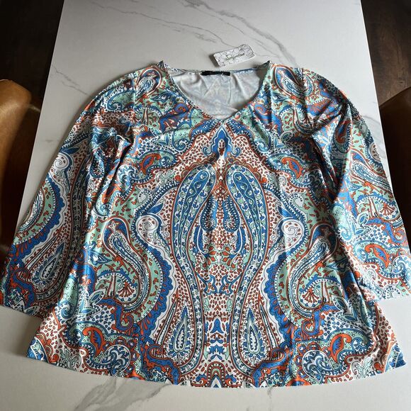 Sakurafina Multi-Colored V-Neck Pullover Stretch Long Sleeve Blouse sz 1XL NWT - Picture 1 of 14